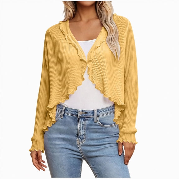 COMVALUE Women's Long Sleeve Cardigan Sweaters Open Front Cropped Bolero Shrugs for Dresses (Gold, One Size)