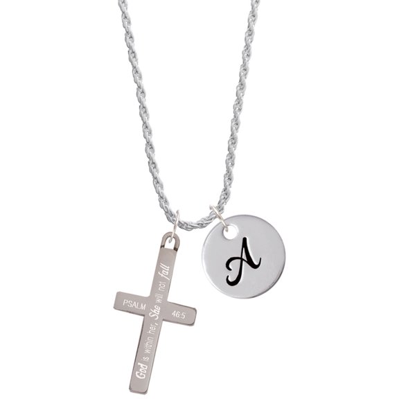 Delight Jewelry Stainless Steel Psalm 46:5 - She will not Fall Engraved Cross - Silvertone Script Initial Disc - A - Charm Necklace, 20" 3"