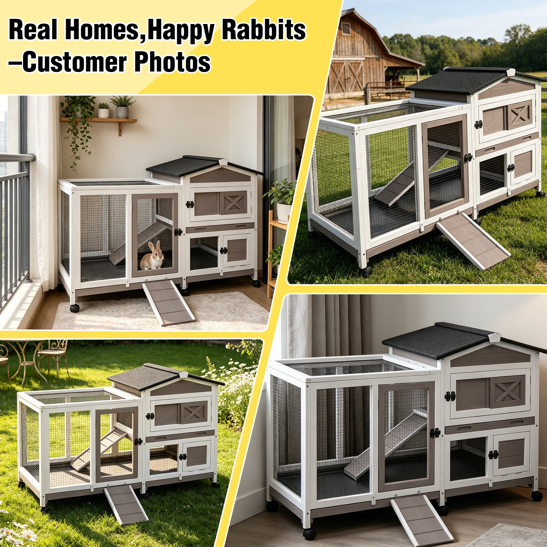 Aivituvin Rabbit Hutch Bunny Cage Outdoor & Indoor with Wheels, Two Layer Guinea Pig House with Pull Out Tray, Chew-Proof Ramp, Waterproof Roof