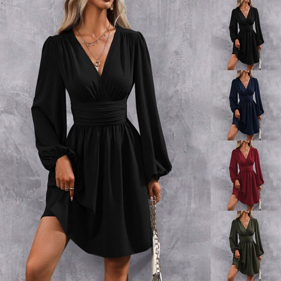 Fall Saving! HVOBTTY Women's Elegant A Line Dress, Fall Casual Dresses for Women, Women's Casual Solid Color V Neck Long Sleeve Smocked Waist Mini Dress Dark Blue, S