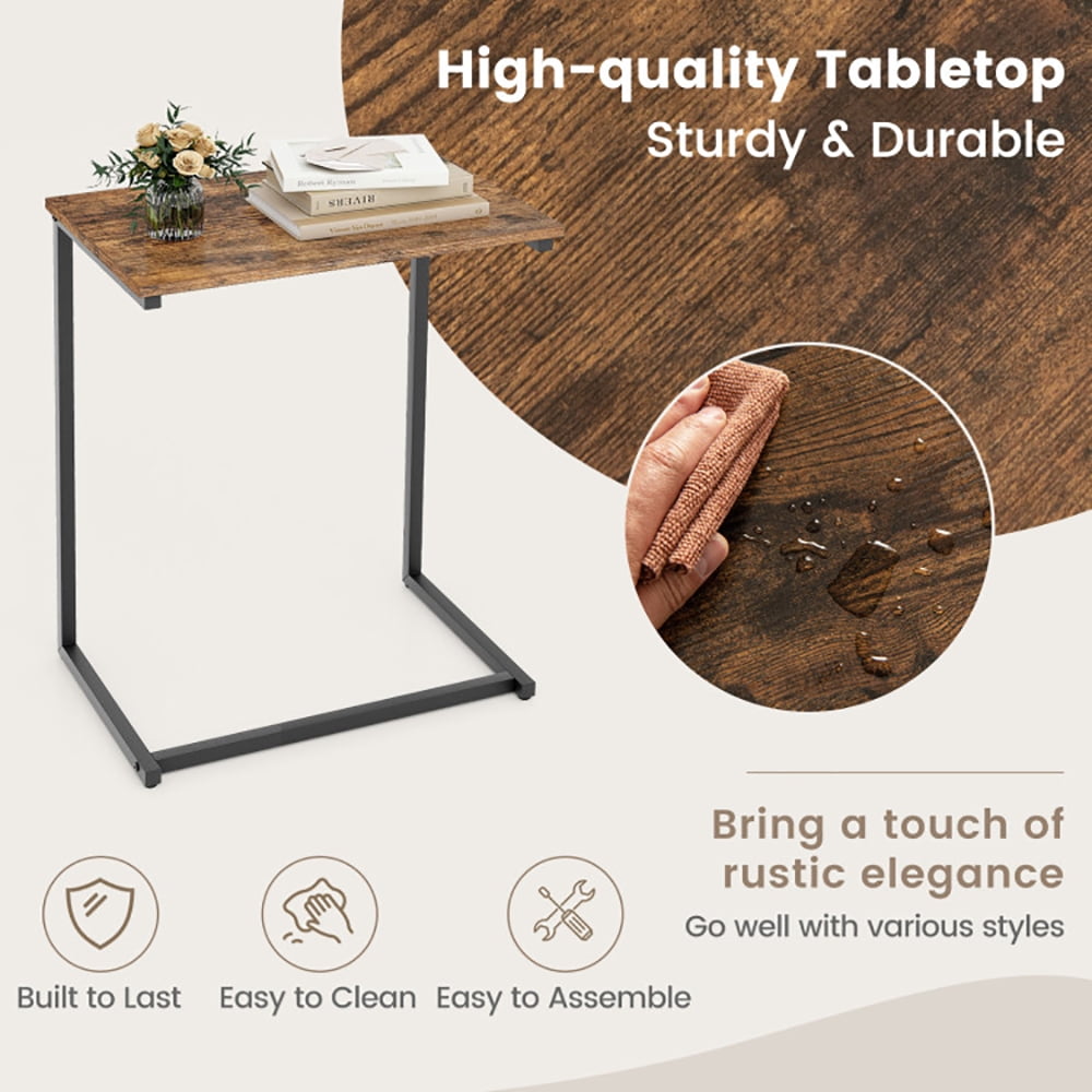 Finihen End Table, C-shaped Industrial End Table with Metal Frame, Sofa Side Table, Bed Side Table, for Living Room, Bedroom, Brown Finihen End Table, C-shaped Industrial End Table with Metal Frame, Sofa Side Table, Bed Side Table, for Living Room, Bedroom, Brown