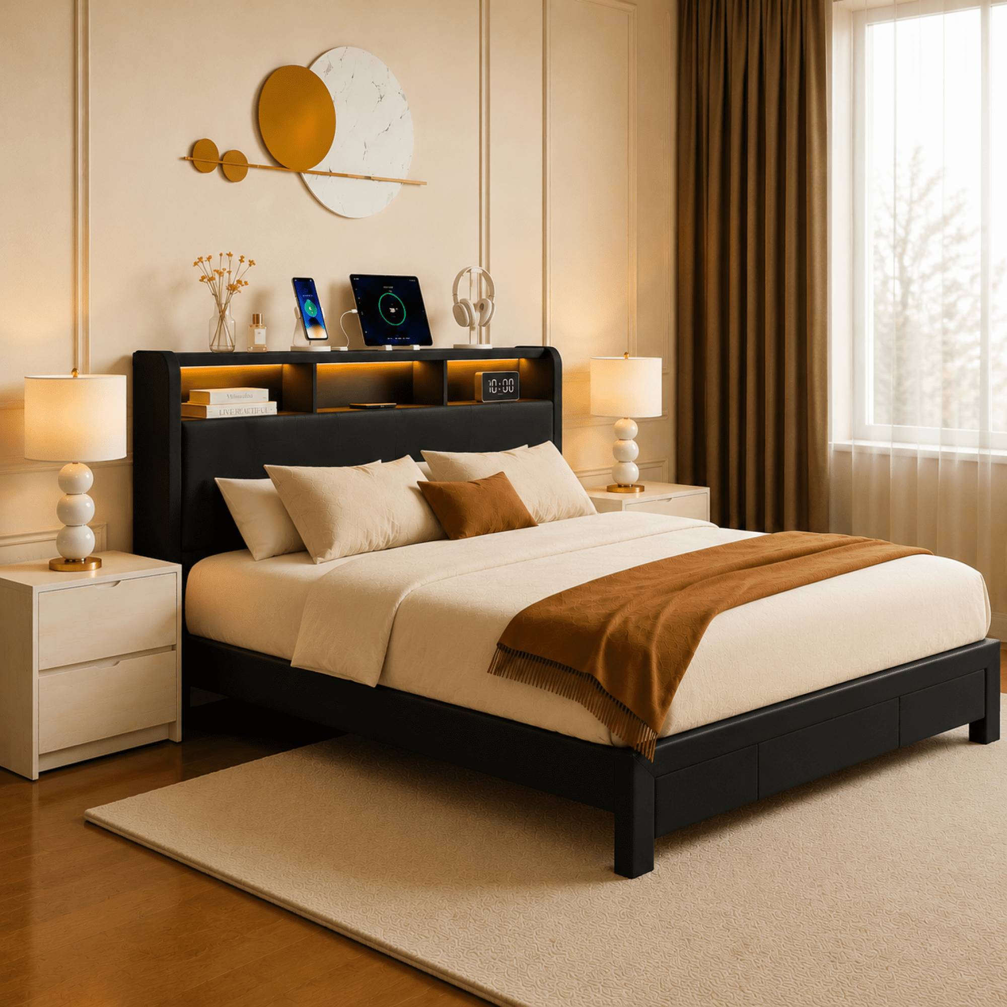 Leumius Queen Size Bed Frame,Upholstered Platform Bed Frame with LED & Charging Station,Drawers and Storage Headboard,Noise-Free, No Box Spring Needed,Black(Queen)