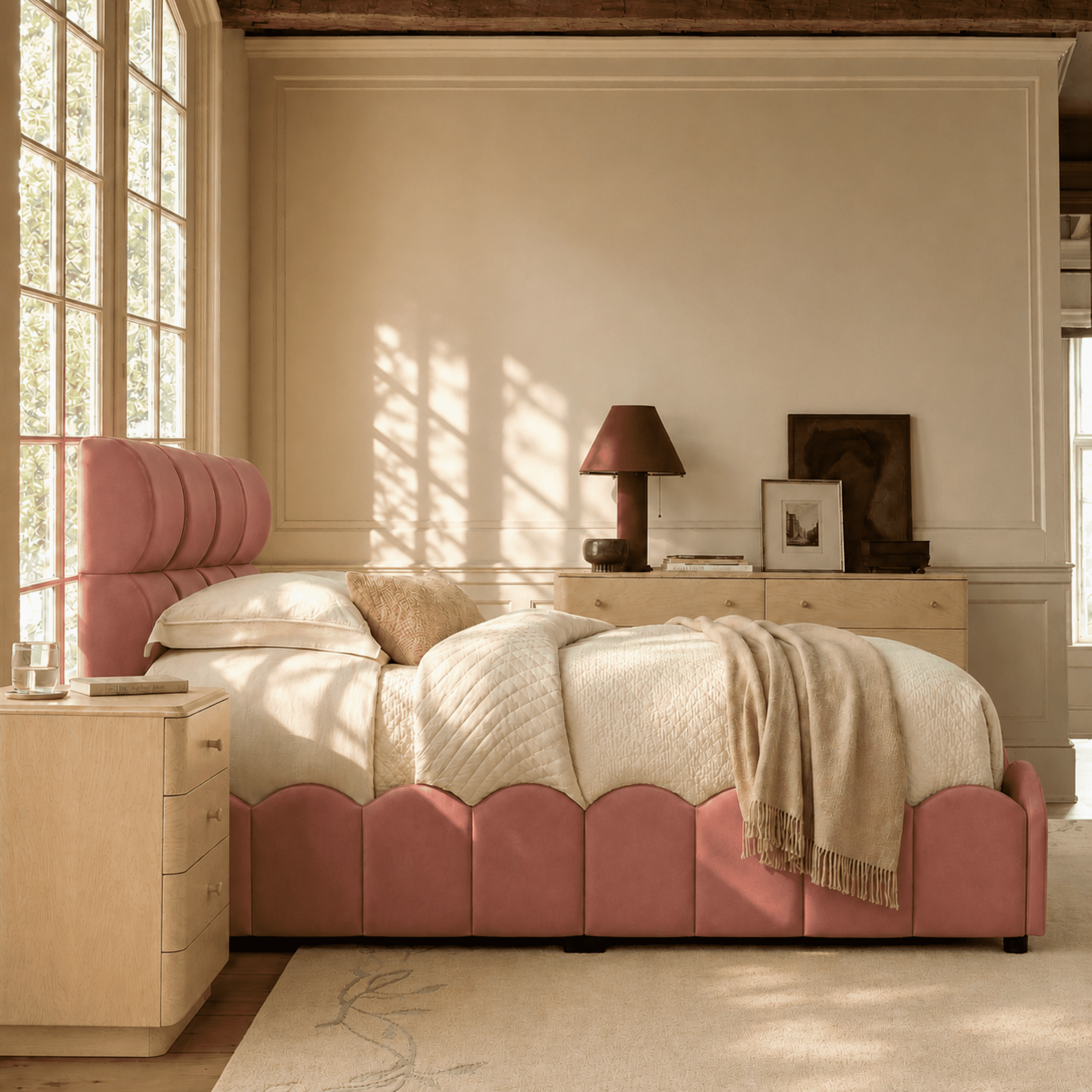 Euroco Upholstery Velvet Twin Size Platform Bed with Tall Panel Headboard, No Box Spring Needed, Pink