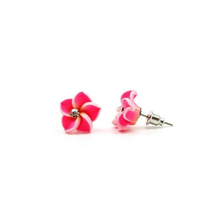 Purple Crystal Bead Earrings - Women's Fashion Hawaii FIMO Hibiscus with CZ Stud Earrings in Hot Pink Small