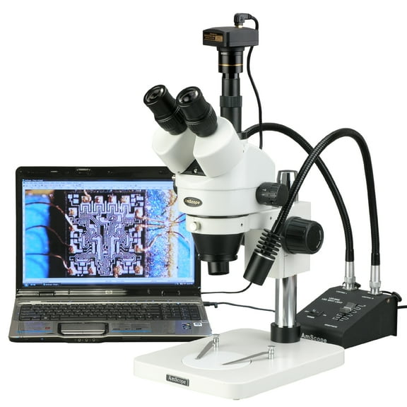 AmScope 7X-45X Digital LED Two Gooseneck Light Zoom Stereo Microscope   5MP USB Camera New