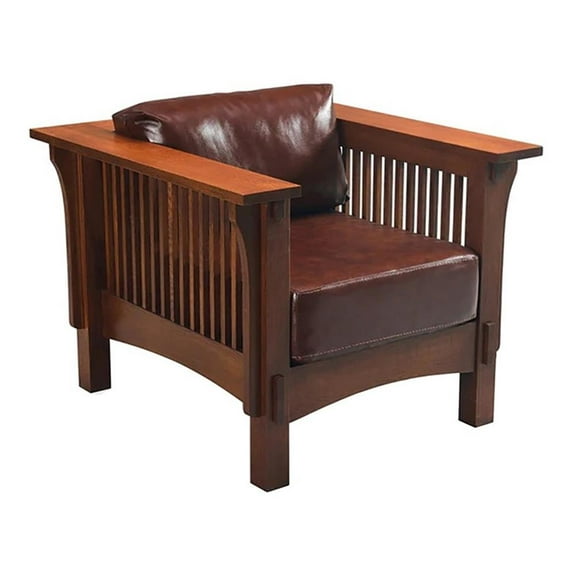 Pemberly Row Arts and Crafts Leather Arm Chair in Chestnut Finish