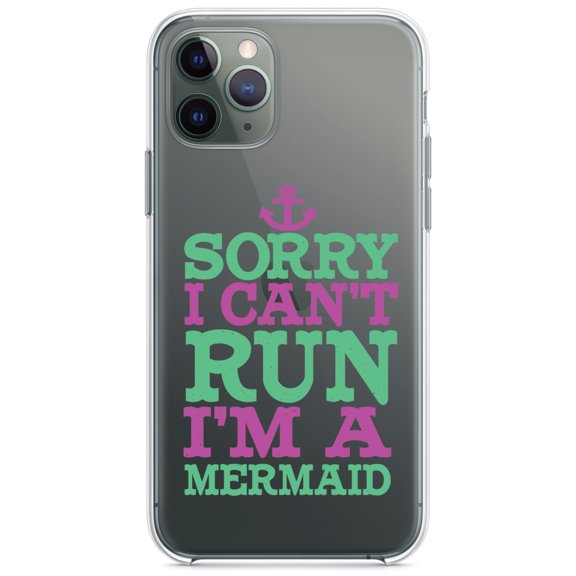 DistinctInk Clear Shockproof Hybrid Case for iPhone 13 (6.1" Screen) - TPU Bumper Acrylic Back Tempered Glass Screen Protector - Sorry I Can't Run I'm a Mermaid