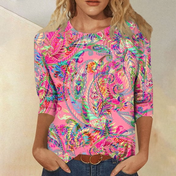 Vibrant Paisley Floral Top for Women, 3/4 Sleeve Crew Neck Stretchy Tunic Tee - Loose Fit Casual Summer Blouse Hot Pink XXXL
