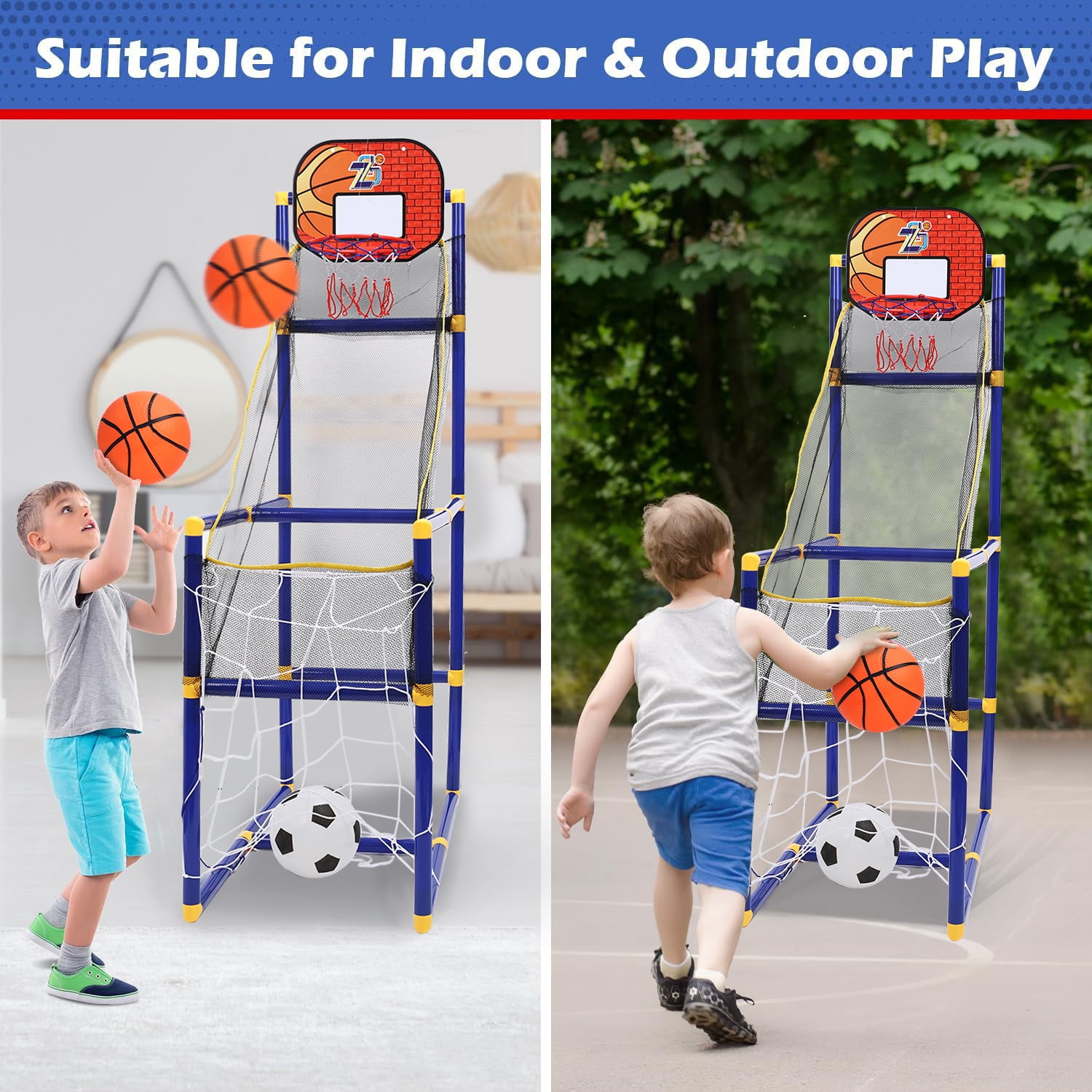 Gemeer Kids Basketball Hoop Arcade Game, 2 in 1 Sports Indoor Outdoor Basketball, Kid Sport Toys with 4 Balls & Inflatable Balls Pump, for Boys and Girls