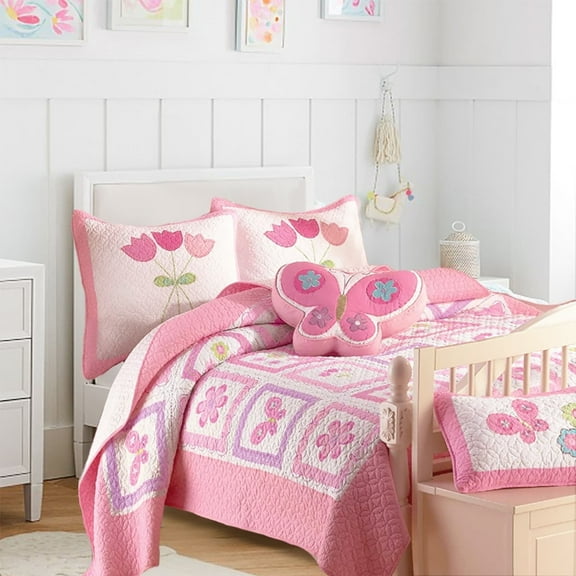 Cozy Line Home Fashions 100% Cotton Butterfly Flower Pink 4-Piece Twin Quilt Bedding Set, including 2 Decorative Pillows