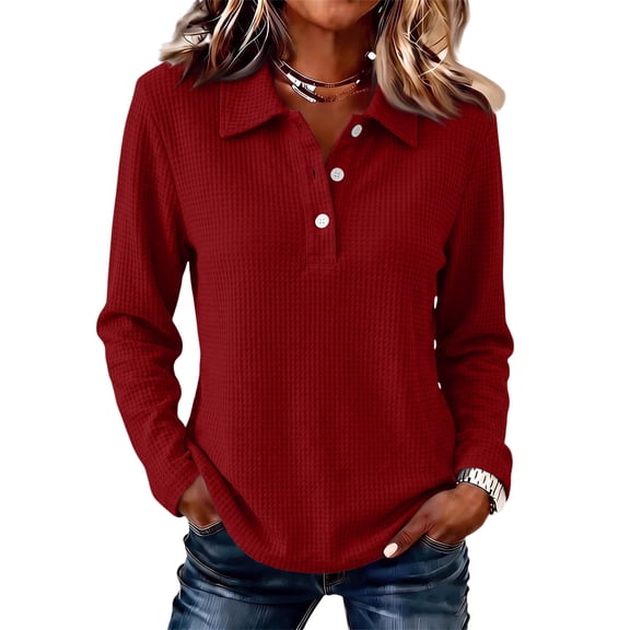 Hsovts Collared Preppy Women's Polo Shirt Long Sleeve Cotton Solid Shirts Tops Multiple Shades for Daily Business Street Wear Red 2xL