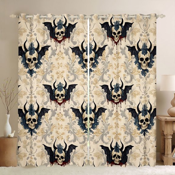 Homewish Halloween Baroque Devil Skull Kitchen Curtains, Dark Floral Blood Drip Black Out Curtains Pack of 2 (42x63 Each), Beige Gray Red
