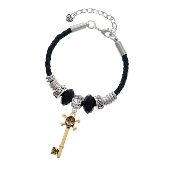 Delight Jewelry Goldtone Antiqued Beaded Skull Key Mom Celtic Knot Leather Bead Bracelet, 7" 2" Extender