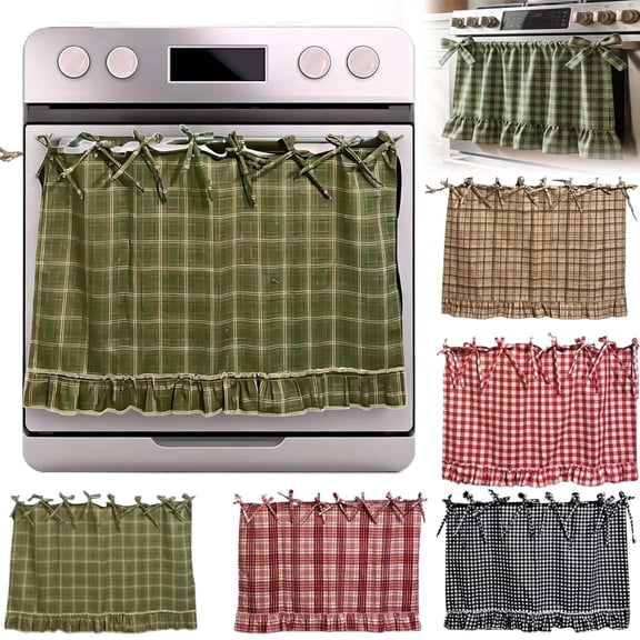 Handmade Oven Skirts, Oven Curtain for Farmhouse Kitchen Decor, Decorative Cabinet Dish Washer Oven Curtains, Heat-Resistant, Ribbon Ties, Ruffled Trim, Effortless Install, Elevate Style - Green