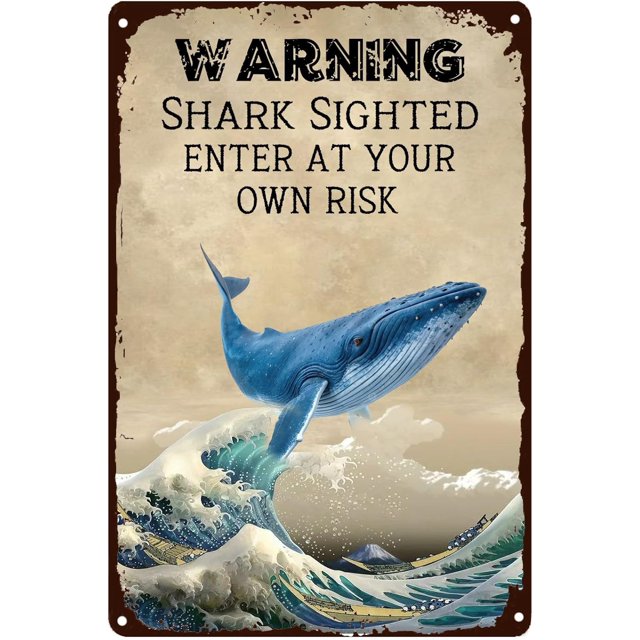Funny Swimming Pool Metal Signs,Warning Shark Sighted Enter At Your Own Risk Creative Tin Sign Metal Wall Decor for Home Kitchen Office Cafe Farm Yard Man Cave Decor 8x12 Inch