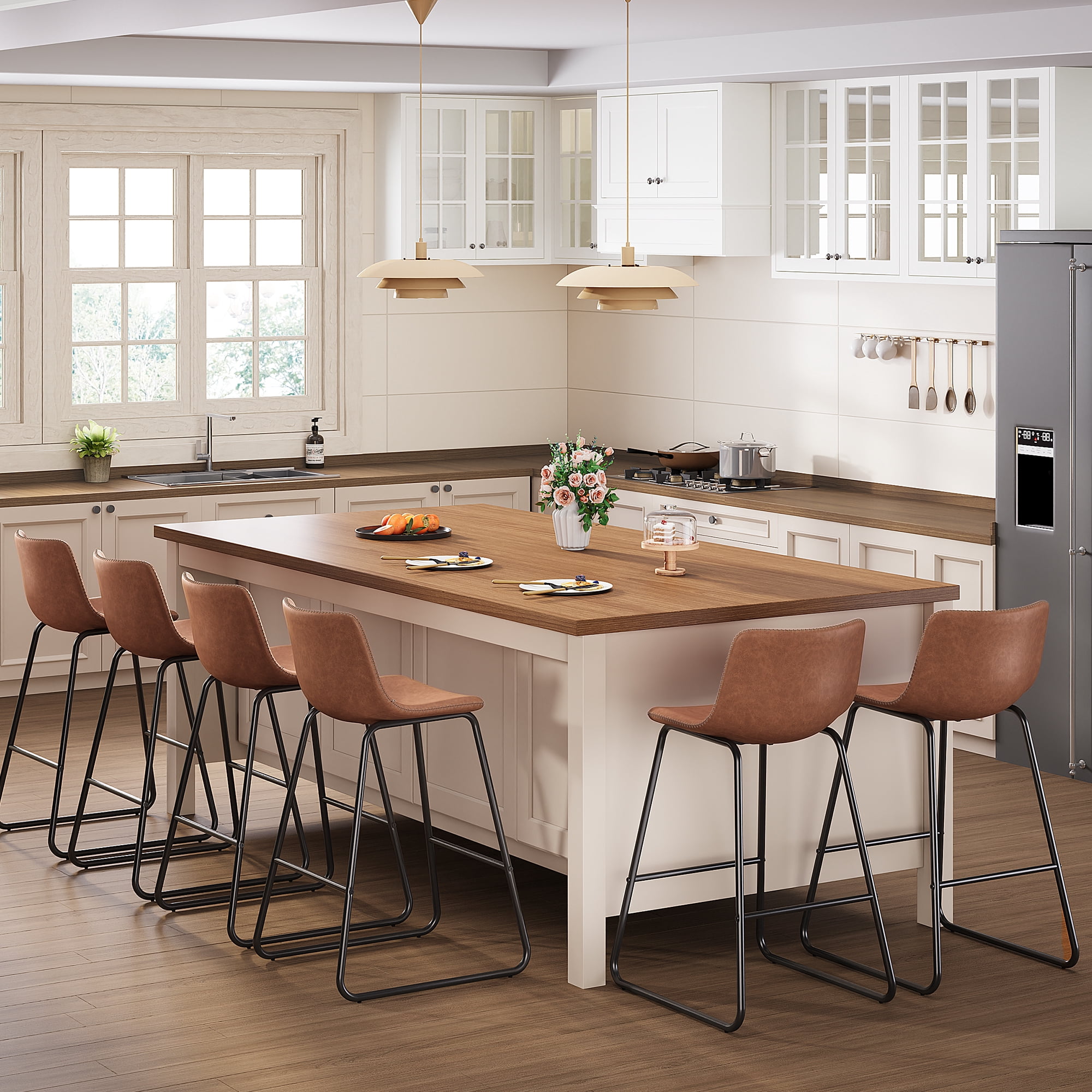 Aufeile 26" Counter Height Bar Stools Set of 3 – Modern Faux Leather Barstools with Back & Metal Legs, Kitchen Bar Chairs for Island, Dining Room, Dark Brown