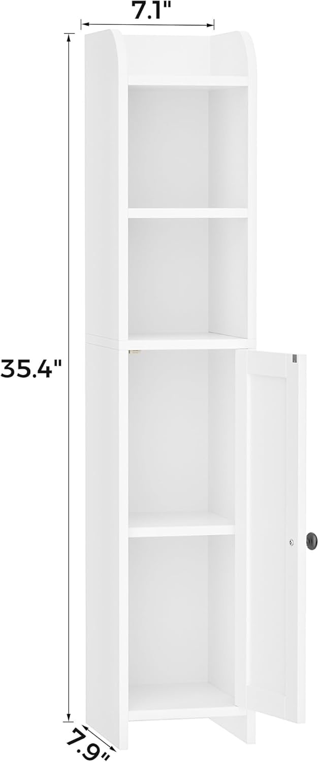 Small Bathroom Storage Corner Floor Cabinet with Door and Shelves, Beside The Toilet Paper Stand for Skinny, Narrow Toilet Paper Cabinet, 7.9" D x 7.1" W x 35.4" H, White