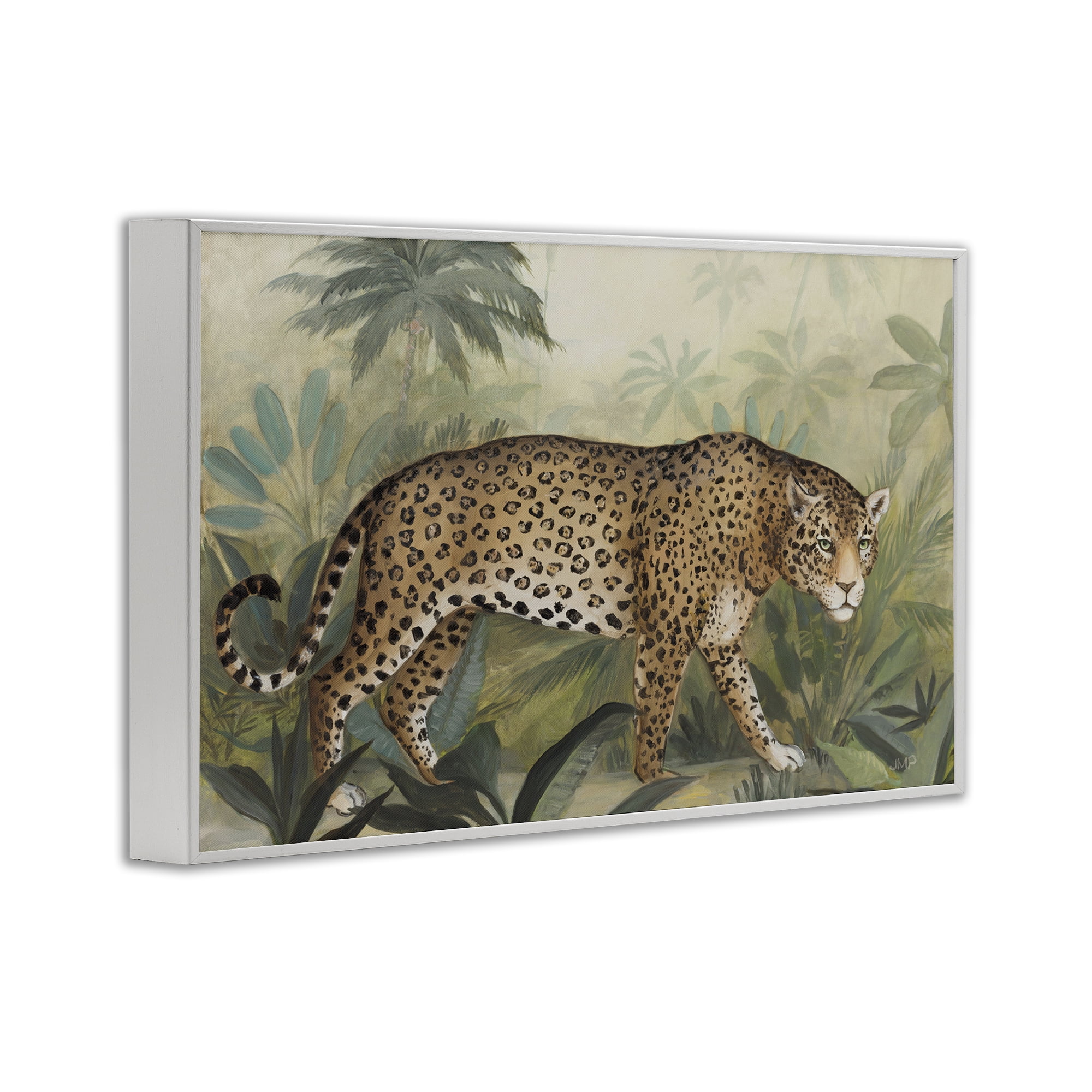 Stupell Industries Prowling Leopard in Forest Landscape Painting White Framed Art Print Wall Art, 30 x 20