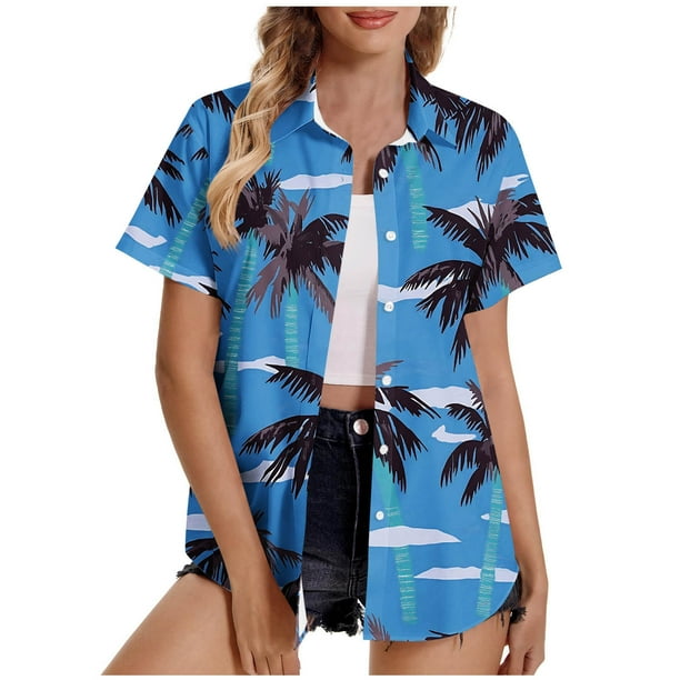 Pantalones Cortos para las Mujeres Sexy, Blusas de Estilo Hawaiano Impreso, Botón Arriba Cuello Turndown Superior