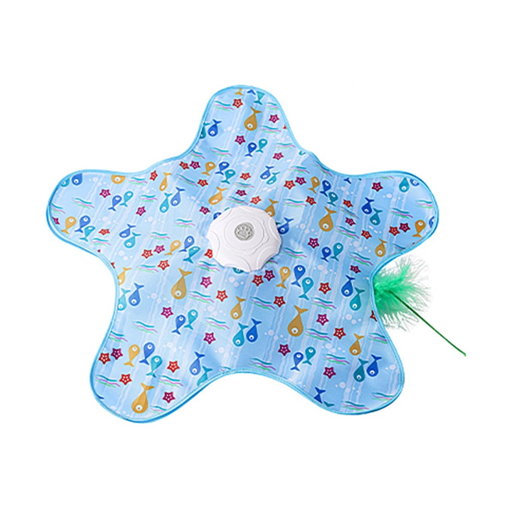 Cat Toy Mat: Automatic Interactive Star-Shaped Cat Teaser Mat - 360 °   Irregular Feather Movement, USB Rechargeable (Blue Fish Pattern)