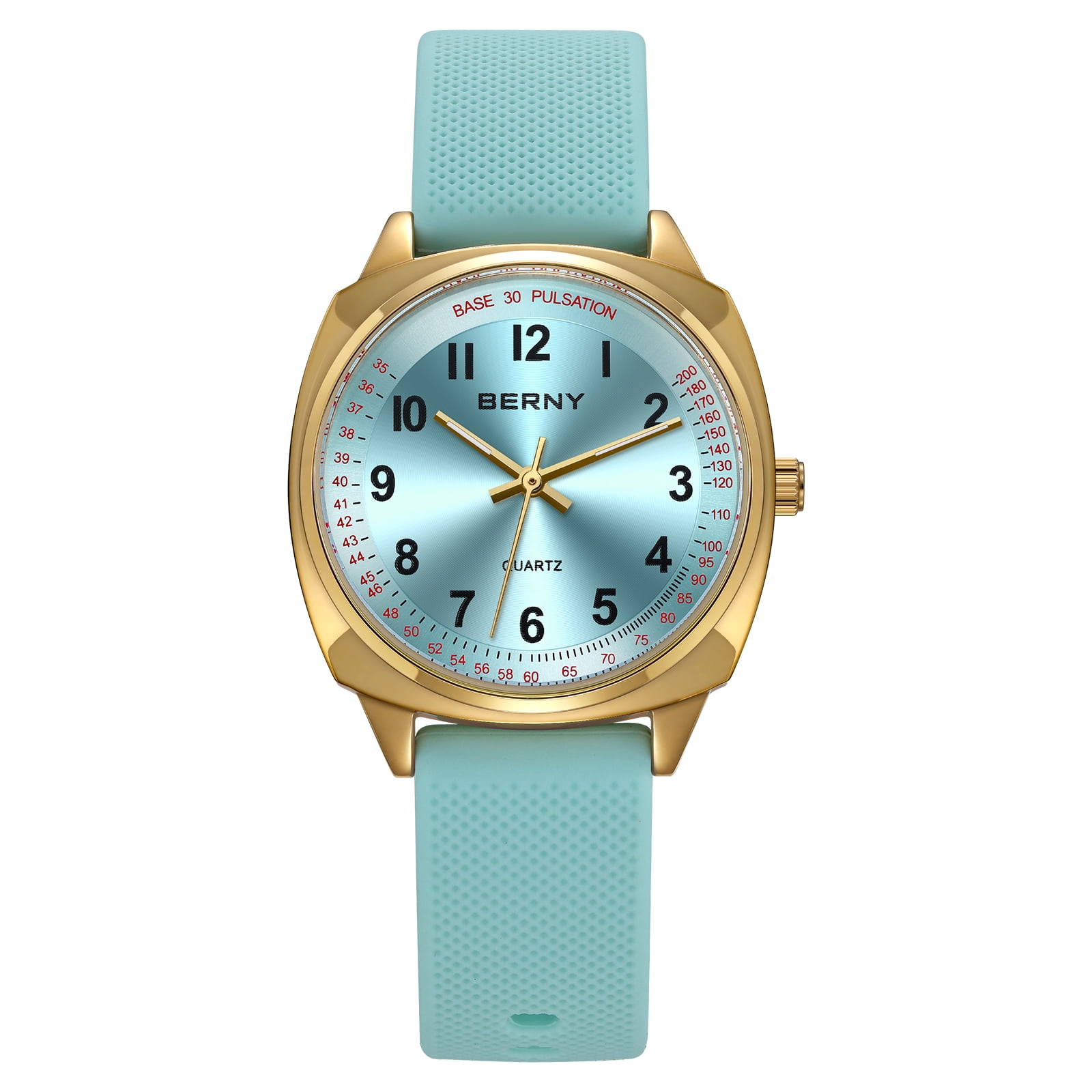 BERNY Nurse Watch for Women, Fashion Ladies Analog Quartz Watch with Silicone Strap, Pulse Meter Function, 3ATM Waterproof Womens Wristwatch, Easy Read Numerals Nursing Watch Gift, Blue