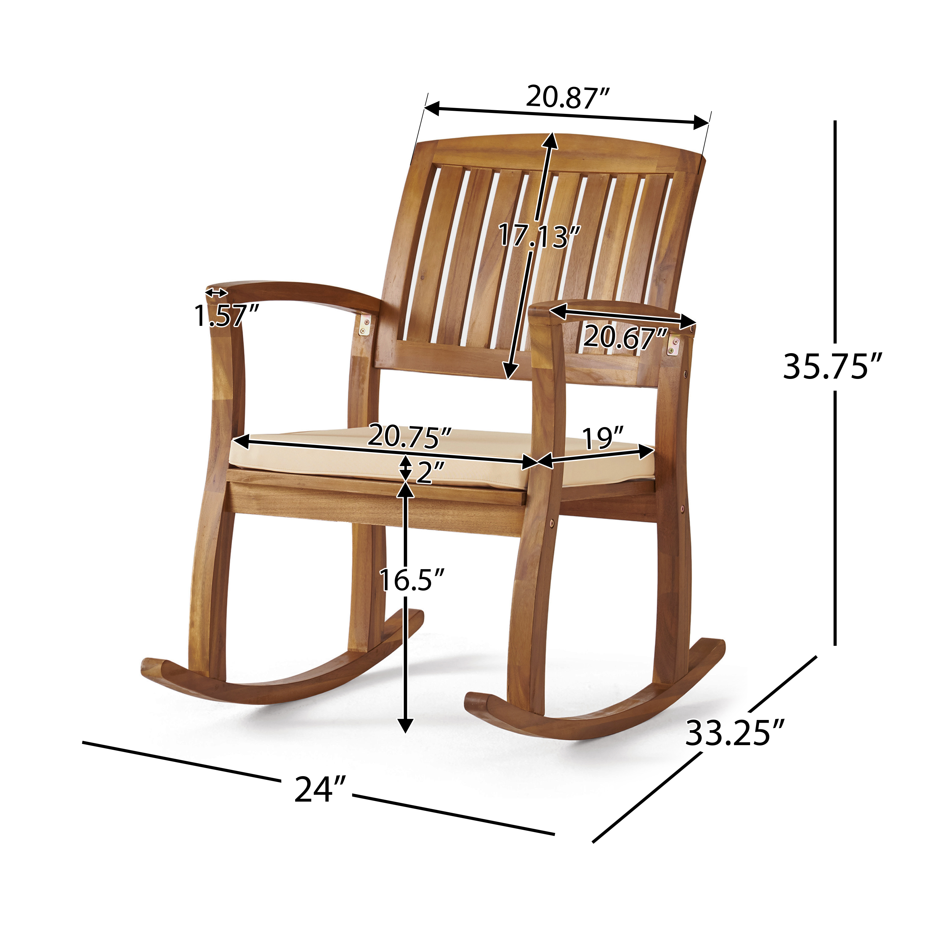 GDF Studio Amber Outdoor Acacia Wood Rocking Chair with Cushion, Teak and Cream Off-White - image 3 of 12
