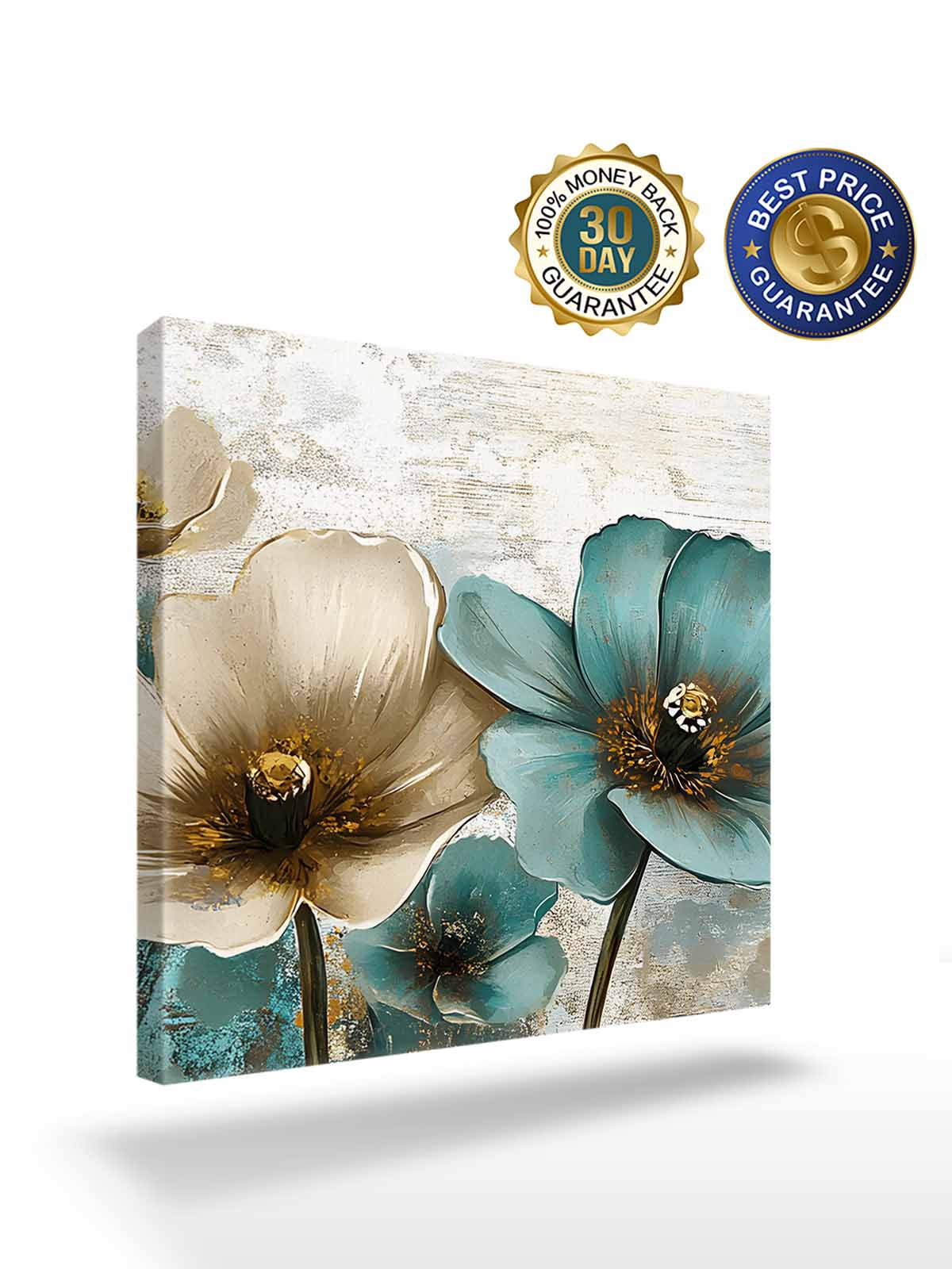 Retro Beige Teal Flowers Canvas Wall Art, Vintage Background Pastoral Style Framed Wall Decor Modern Artwork Prints Painting for Living Room, Bedroom, Kitchen & Cafe Decor 16x16 Inch