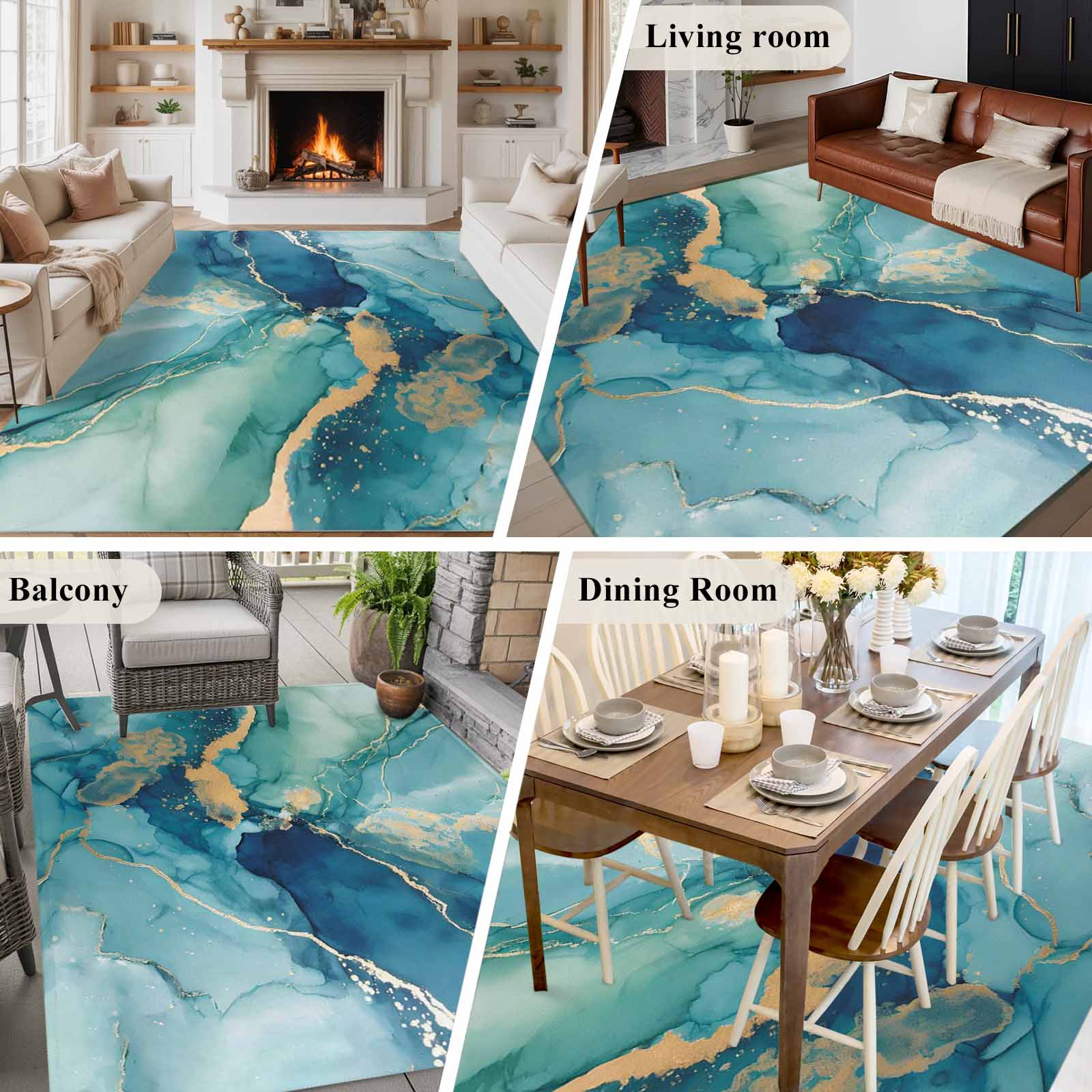Area Rug for Living Room, Turquoise Marble Non-Slip Indoor Large Carpet for Bedroom/Dining Room, Modern Abstract Art Ombre Blue Washable Low-Profile Rectangle Floor Runner Rugs - 6 x 9 Ft