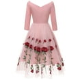thumbnail image 2 of IBTOM CASTLE Women Vintage 1950s Embroidered Off Shoulder 3/4 Sleeves Flower Rose Wedding Cocktail Party Swing Gatsby Evening Short Gown S Pink, 2 of 8