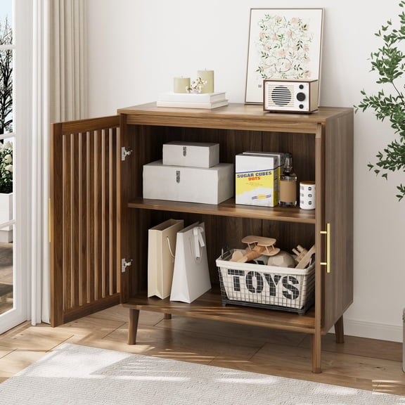 Versatile Walnut Storage Cabinet - 2-Door Modern Freestanding Organizer for Kitchen, Dining Room, and Entryway (31.5" W)