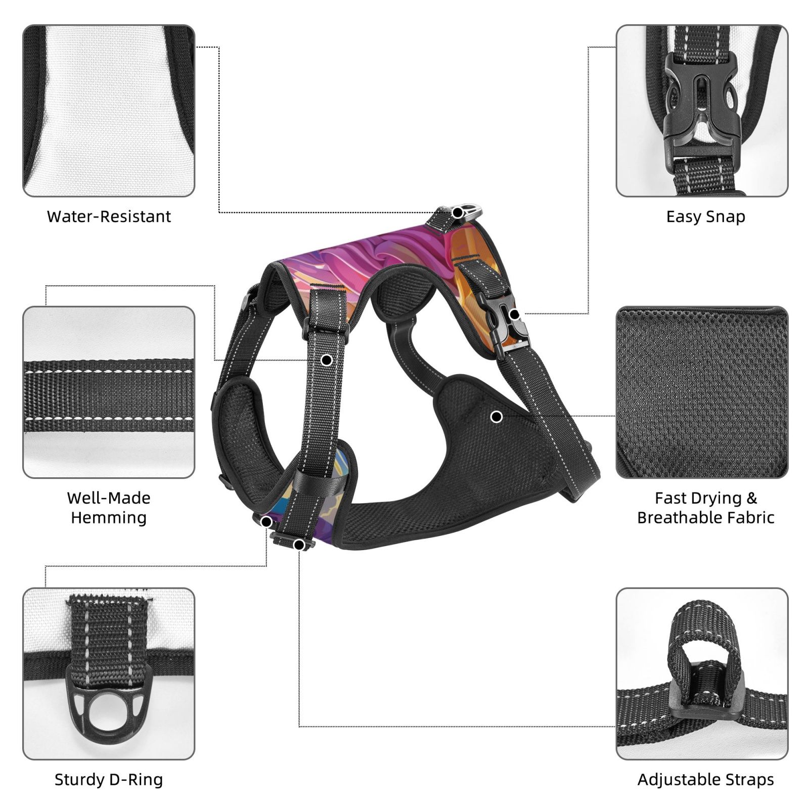 Vsdgher Rainbow Melting Ice Cream Dog Harness, No-Pull Pet Harness, Dog Vest, Pet Vest for Small to Large Dogs-Small