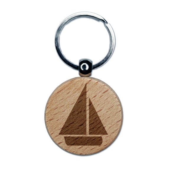 Sail Boat Sailing Icon Round Keychain Charm Tag - Engraved Wood