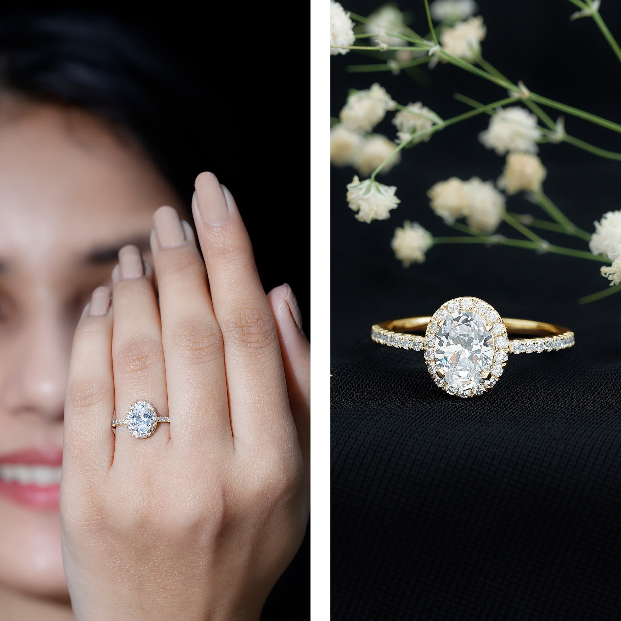 Rosec Jewels Classic Cubic Zirconia Halo Engagement Ring for Women, 14K Yellow Gold, US 6.50