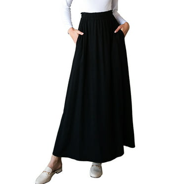 Doublju Women's Smocking Waist Detailed Maxi Slit Skirt With Pocket ...