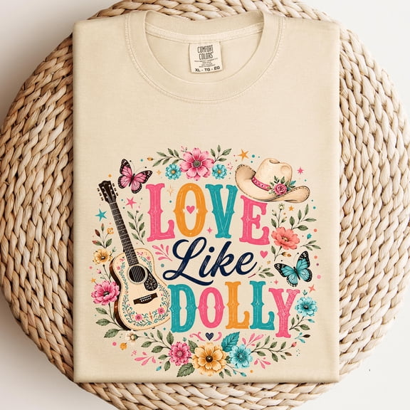 Love Like Dolly Graphic Tee Country Music Shirt Cowgirl Style Top Beige Feminine Western Wear Floral Guitar Tee