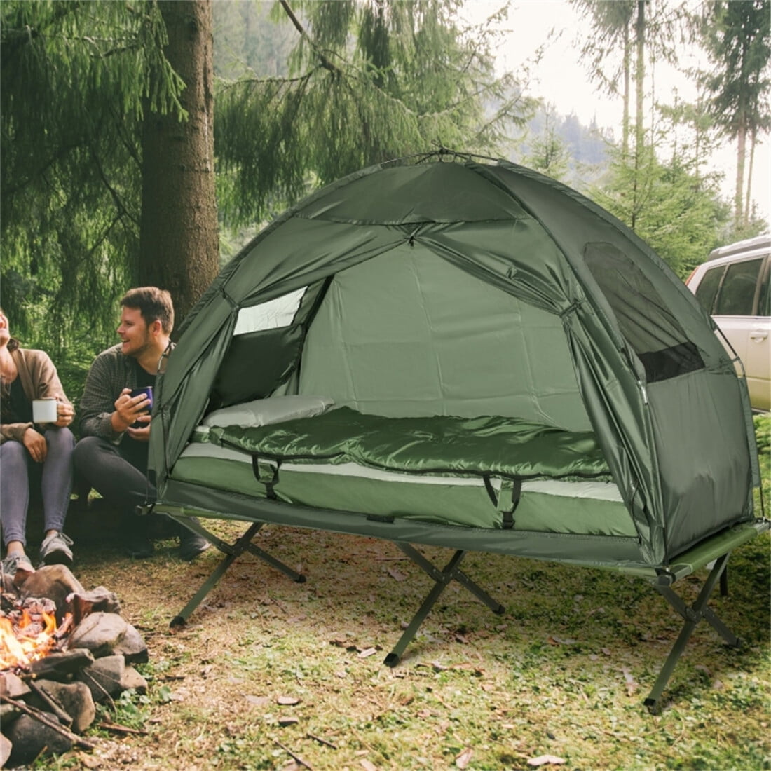 Tent Cot for Camping, All-in-1 Folding Tent Combo with Self-Inflating Mattress, Carry Bag & Foot Pump, Portable Off Ground Elevated Tent for Hiking, Backpacking, Fishing & Picnic