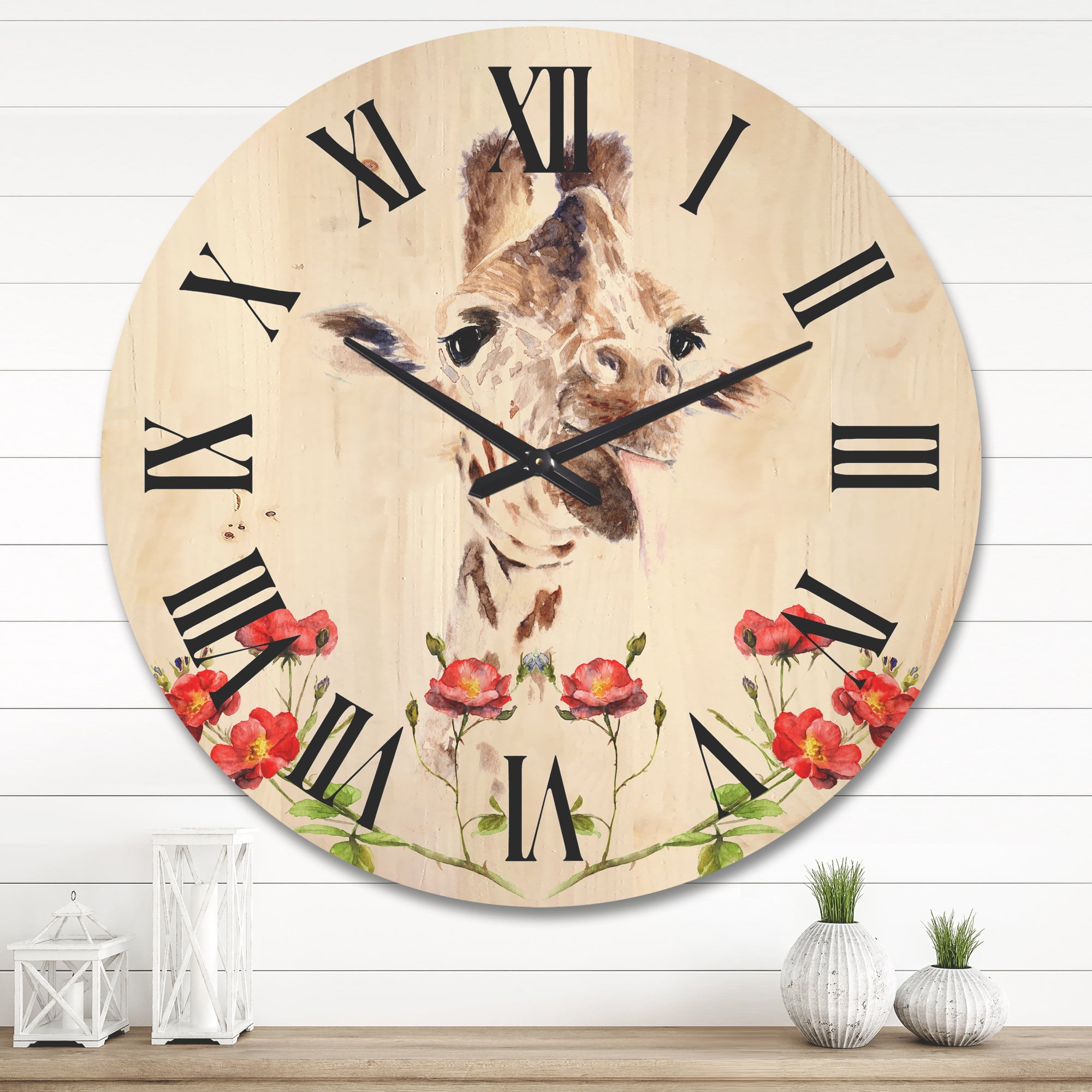 Designart 'Portrait of A Giraffe With Red Flowers I' Farmhouse Wood Wall Clock