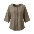 thumbnail image 5 of ClodeEU Women's Crew Neck 3/4 Sleeve Button Down Blouse,Casual Loose-Fit Linen Blend Shirt Khaki,Women's Plus XXL, 5 of 7