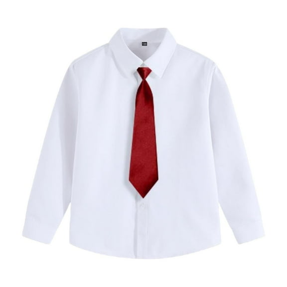 Lenpel Boys' Dress Shirts Long Sleeve Bow Tie Curved Hem Collared Blouses School Casual Formal Tops for Kids(Red,14-15 Years)