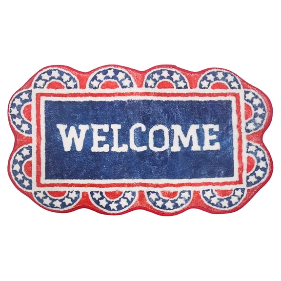 Eqslft Patriotic Red White Blue Welcome Doormat, Scalloped Star Border Design, Non- Floor Mat for Front Door Entryway, Indoor Outdoor Decorative Rug