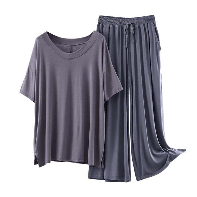Womens Modal Pajamas Two Piece Sleepwear Set Short Sleeve Tops Long Wide Leg Pants Fall Summer Pjs Pajamas Gray, L