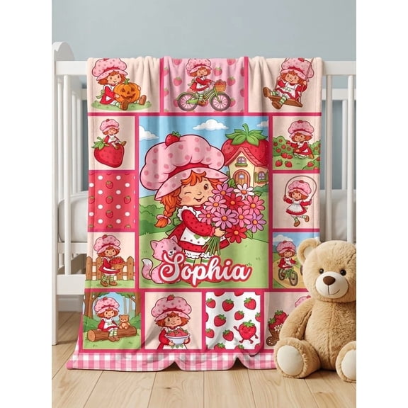 Personalized Strawberry Blanket Custom Name Pink Gingham Fleece Throw