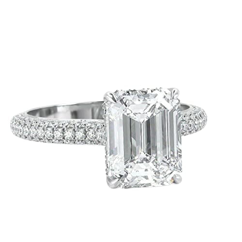 HeartsAndYou 5ct Emerald Cut Moissanite Solitaire Ring 18k White Gold over Silver Ice Cluster Accent