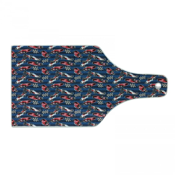 Cars Cutting Board, Vintage Racing Cars on Blue Stripes with Checkered Flags Automobile Sports, Tempered Glass Cutting and Serving Board, Wine Bottle Shape, Navy Blue Red Black, by Ambesonne