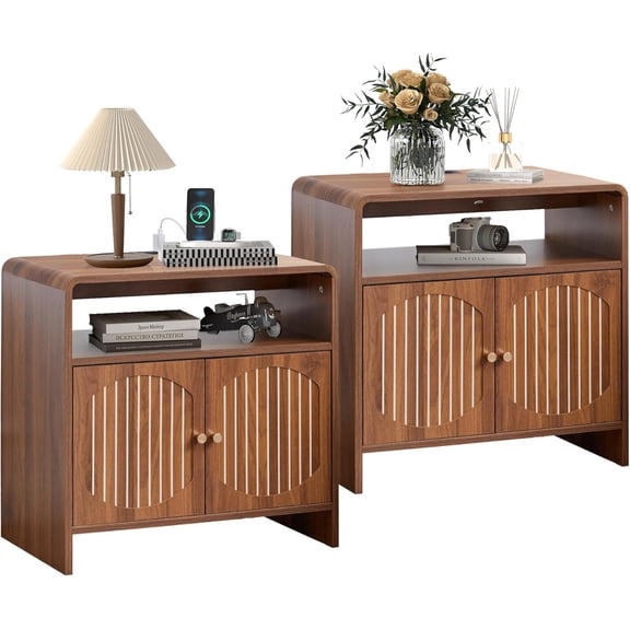 Set of 2 Farmhouse Side Table with Charging Station, Mid Century Modern End Table with Storage & Arched Doors, Wooden Nightstand with USB/Type-C, Curved Side Table for Living Room Bedroom(Walnut)