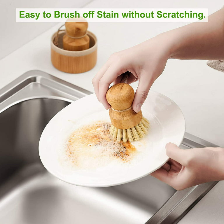 SUBEKYU Bamboo Dish Scrub Brush for Kitchen Sink, Natural Wooden Washing  Dish Brush Scrubber, Sisal Bristles Brush for Household Cleaning Cast Iron