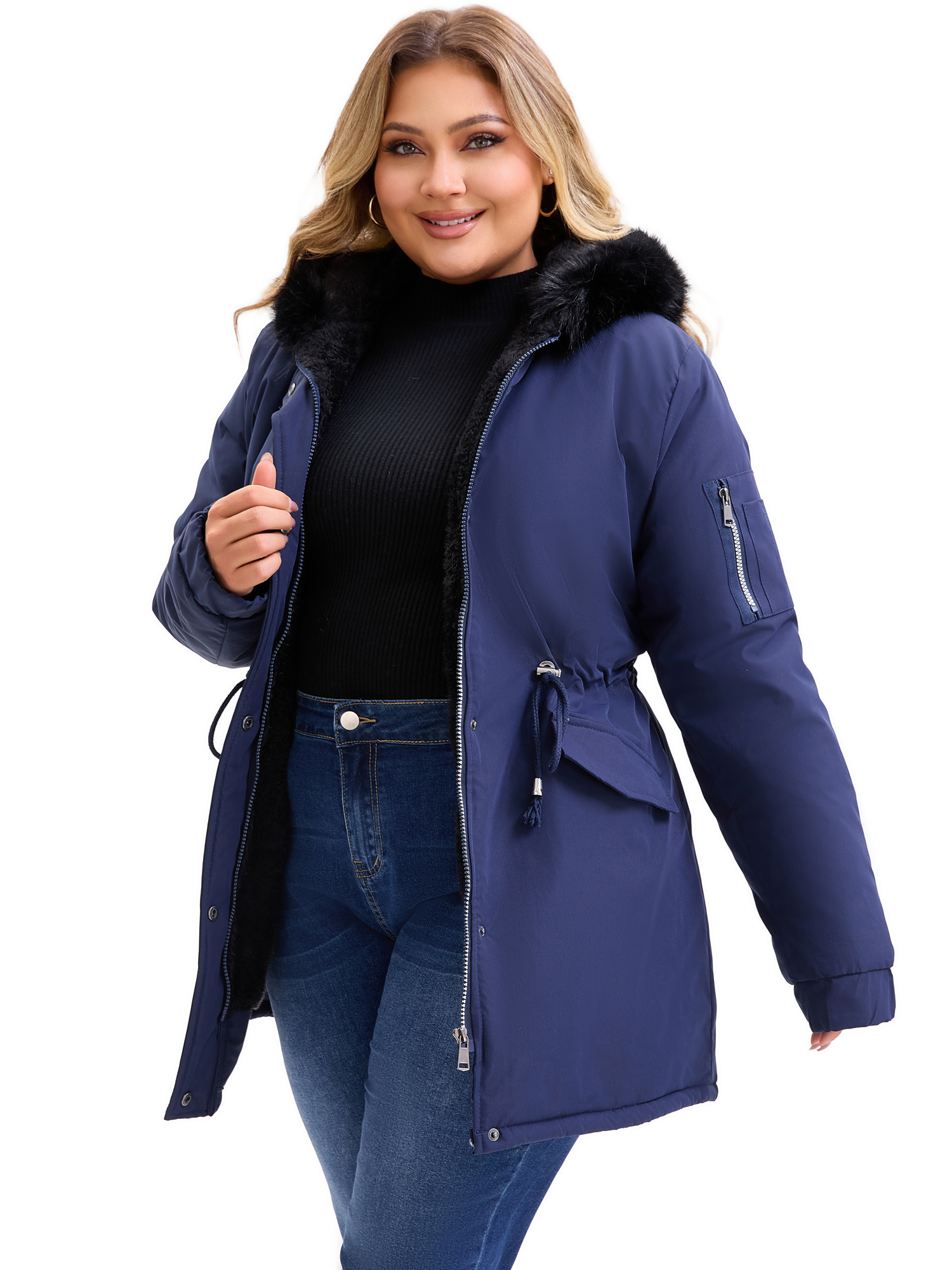 DARING DIVA Women's Plus Parka Jacket Fleece Lined Zipper Coat Navy Blue 1X
