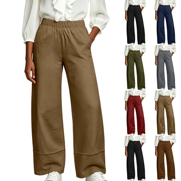 CHGBMOK High Waisted Straight Linen Pants for Women Elastic Waist Trousers Casual Comfy Pants with Side Pockets