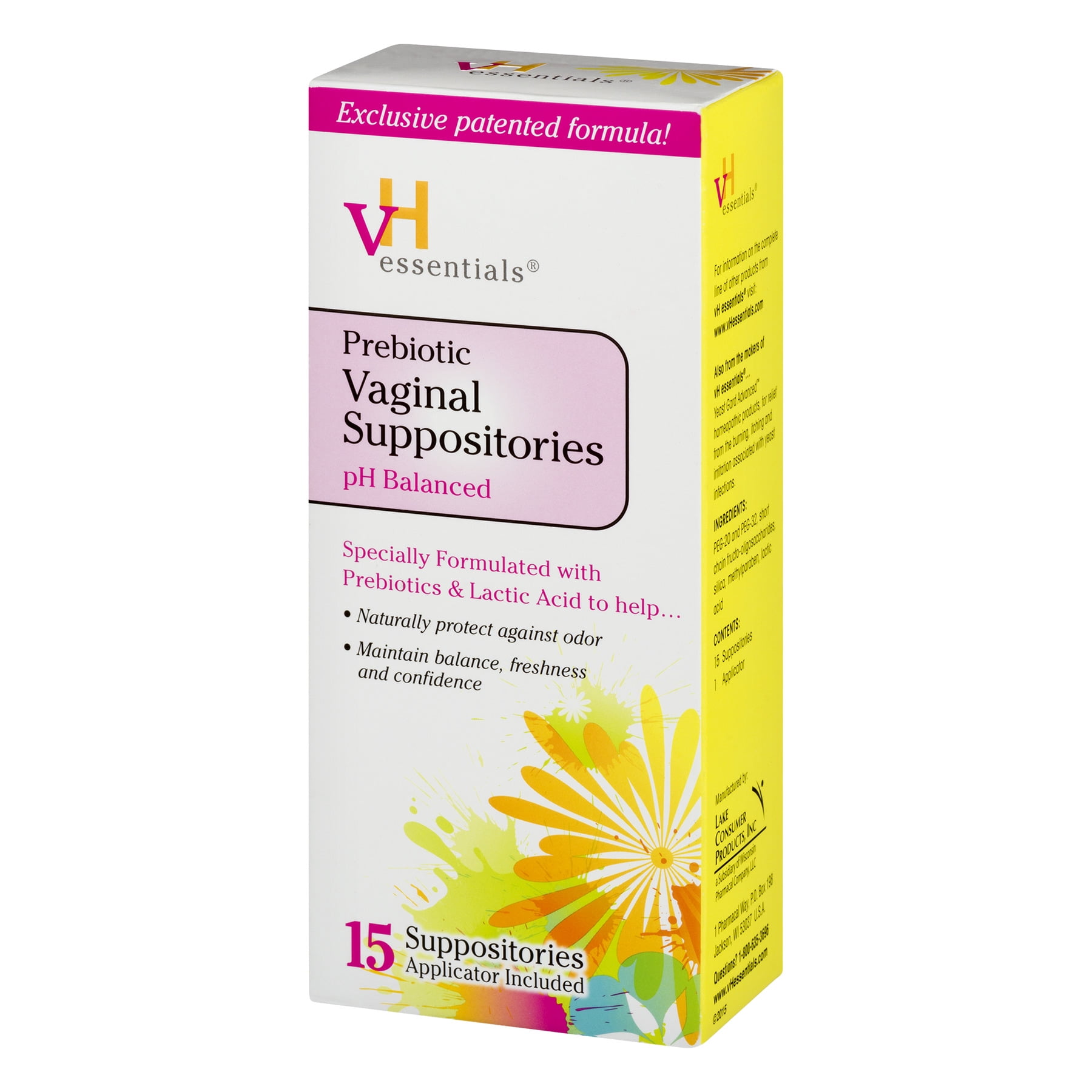 vH essentials Vaginal Odor Treatment - pH Balanced Vaginal Suppositories -  6 Tablets With Applicator, White, (667-06)