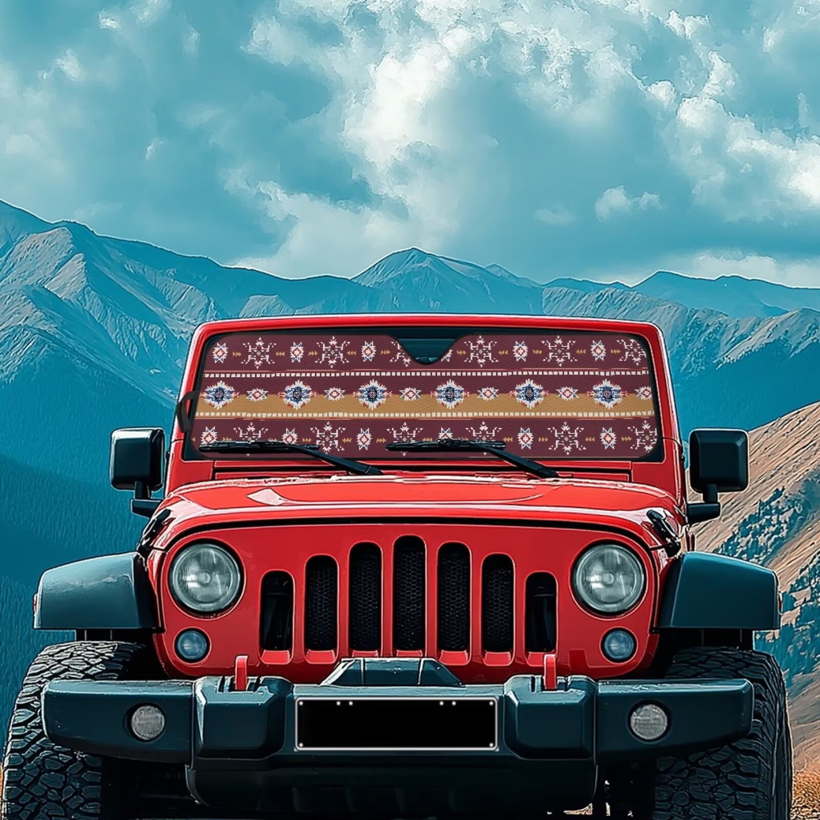 Uorisanigo Windshield Sun Shade for Jeep,Aztec African Tribal Sun Visor Windshield Shade Blocks UV Rays,Sunshade Heat Shield Compatible with 2024 2025 Jeep Wrangler JL 2/4 Door